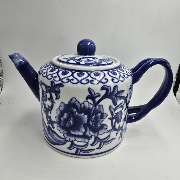 Vtg Blue White Porcelain Teapot Bombay Co Chinoiserie China Ceramic Porcelain - Picture 2 of 12
